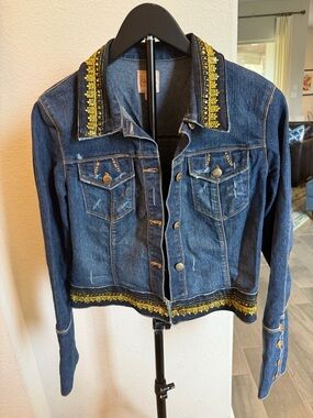 Candie's Embellished Denim Jacket Cropped Dark Wash Embroired Sequin Boho L